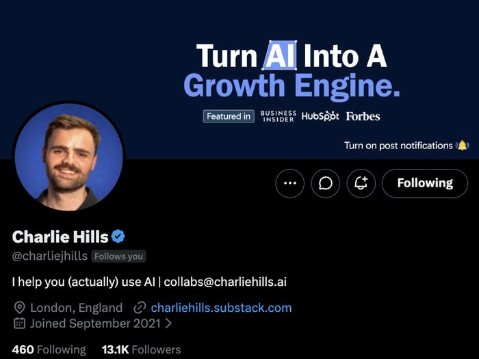 Charlie Hills X profile, 13.1K followers