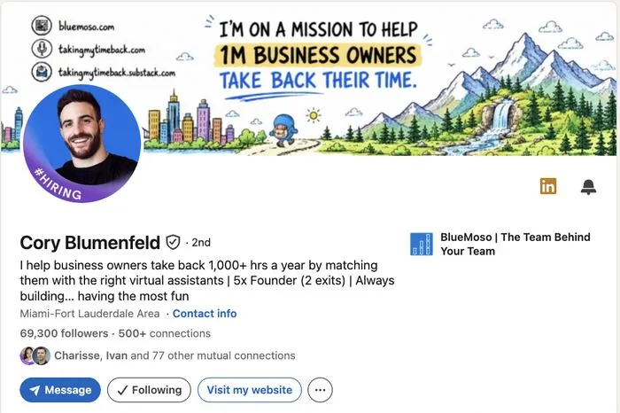 Cory Blumenfeld LinkedIn profile, 69K followers