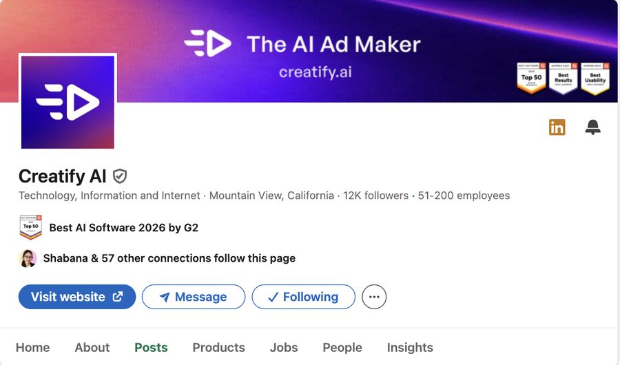 Creatify AI LinkedIn page, 12K followers