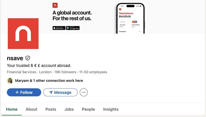 nsave LinkedIn company page, 19K followers
